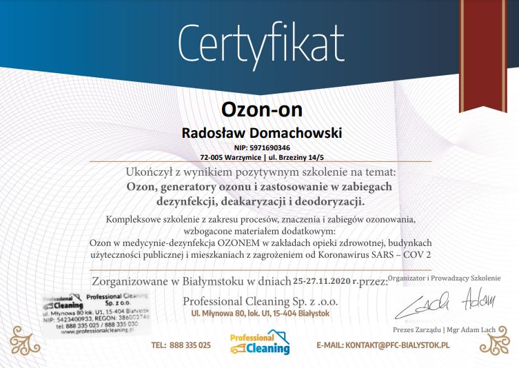 Zdjęcie przedstawiające certyfikat dla firma Ozon-on wystawiony przez Professional Cleaning. Daje on uprawnienia do przeprowadzania procesu ozonowania.